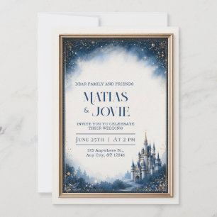 Midnight Blue Castle Gold Star Frame Wedding Invitation