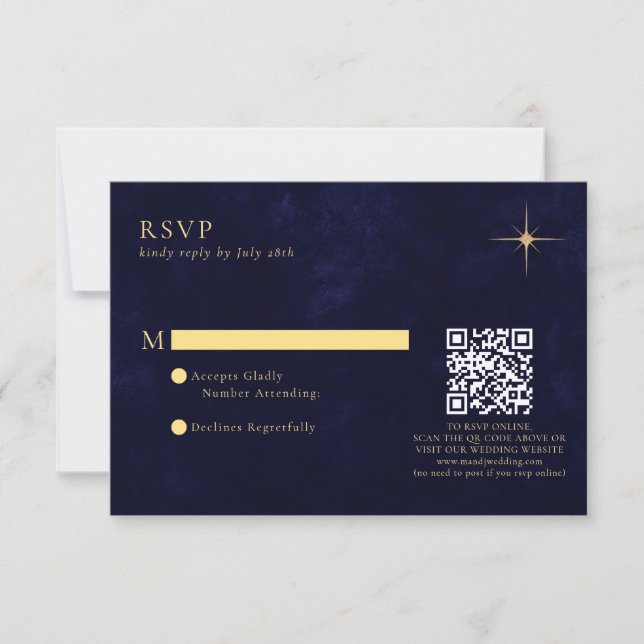 Midnight Blue Celestial Gold Stars Wedding QR Code RSVP Card (Front)