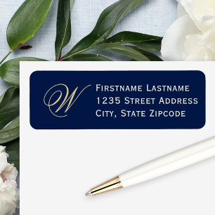 Midnight Blue Champagne Script Monogram Address