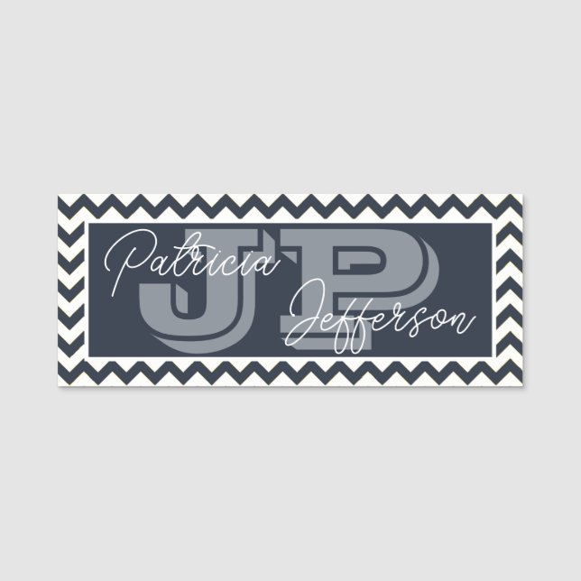 Midnight Blue Chevron Pattern: Elegant Monogrammed Name Tag (Front)
