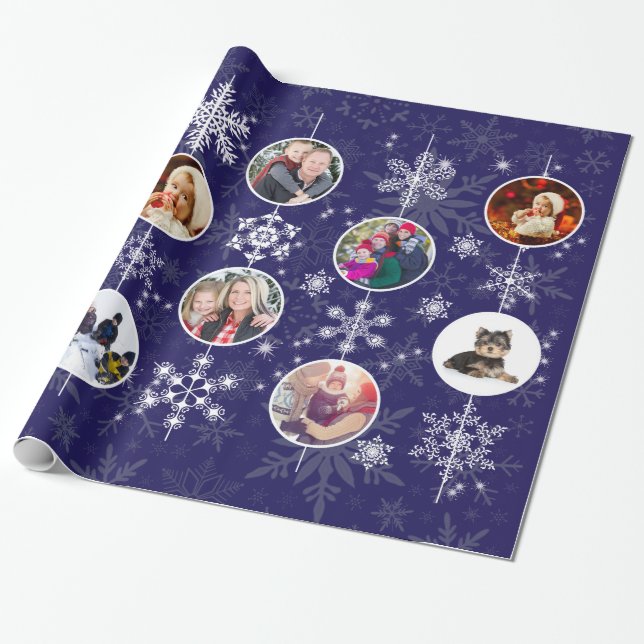 Midnight Blue Christmas or Hanukkah Snowflakes Wrapping Paper (Unrolled)