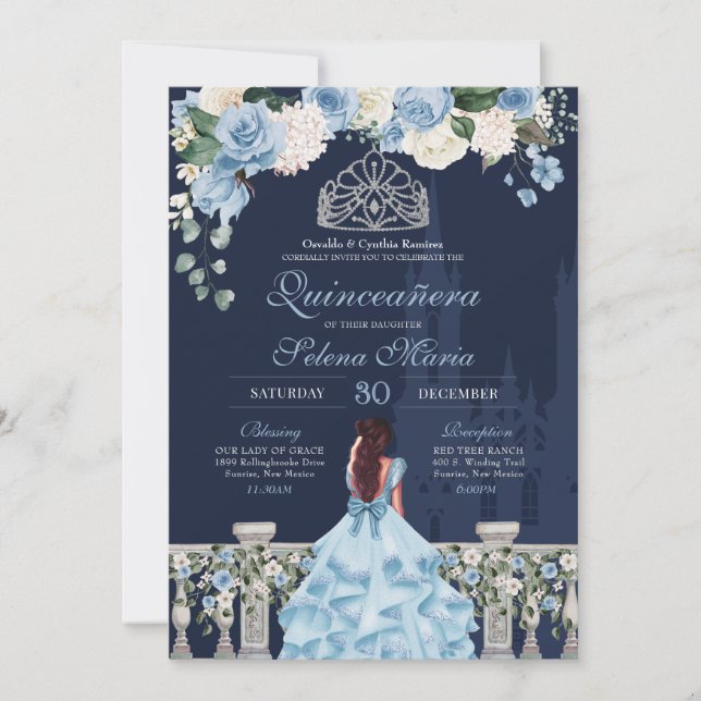 Midnight Blue Cinderella Princess Quinceañera Invitation (Front)