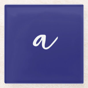 Midnight Blue Colour Minimalist Plain Monogram Glass Coaster