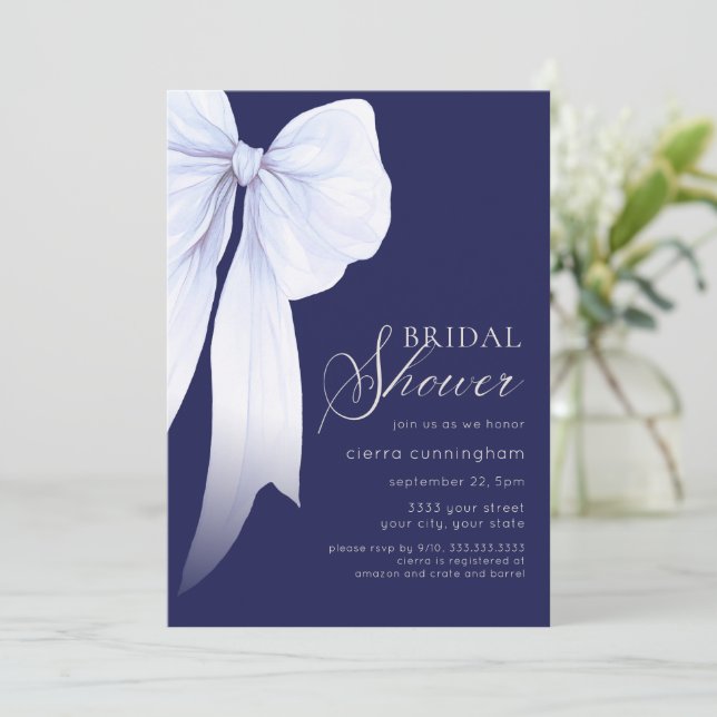 Midnight Blue Coquette Bow Bridal Shower Invitation (Standing Front)