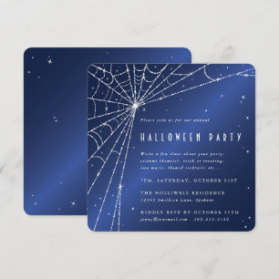 Midnight Blue Diamond Spider Web Halloween Party Invitation