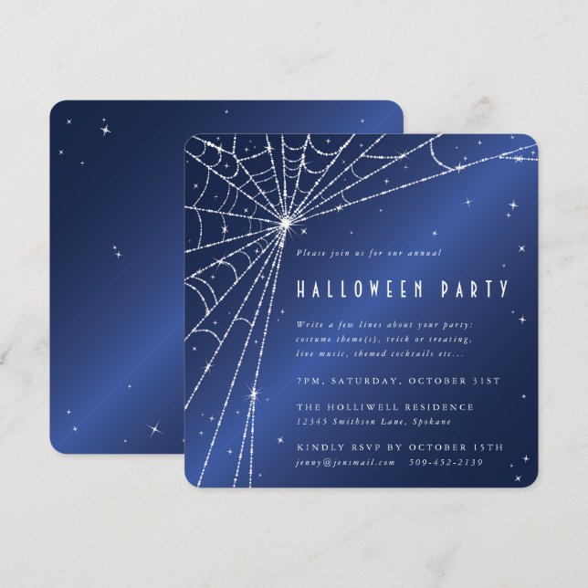 Midnight Blue Diamond Spider Web Halloween Party Invitation (Front/Back)