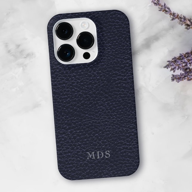 Midnight Blue Faux Leather Look Monogram iPhone Case (A classic midnight blue faux leather look phone case with space for your initials)