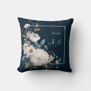 Midnight Blue Floral Elegance with White Blooms Throw Pillow