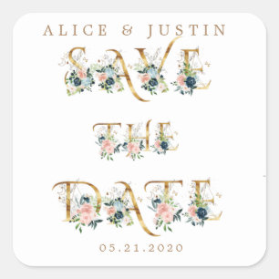 midnight blue floral gold save the date sticker