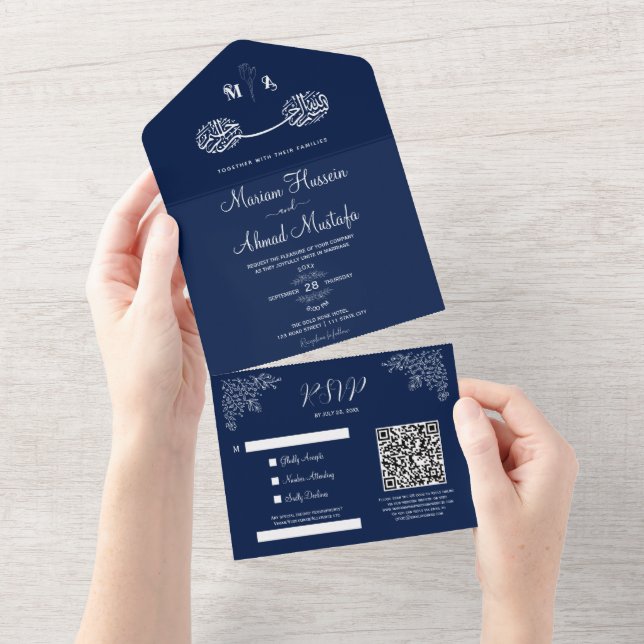 Midnight Blue Floral Islamic Muslim Nikah All In One Invitation (Tearaway)