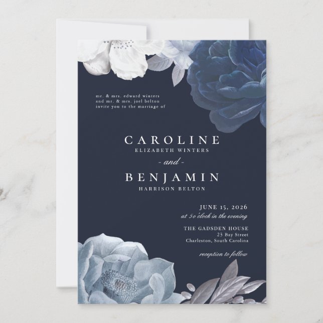 Midnight Blue Floral Silver Leaf Romantic Wedding Invitation (Front)
