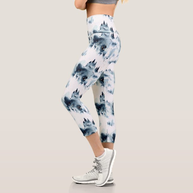 Midnight Blue Forest Watercolor Pattern Capri Leggings (Left)