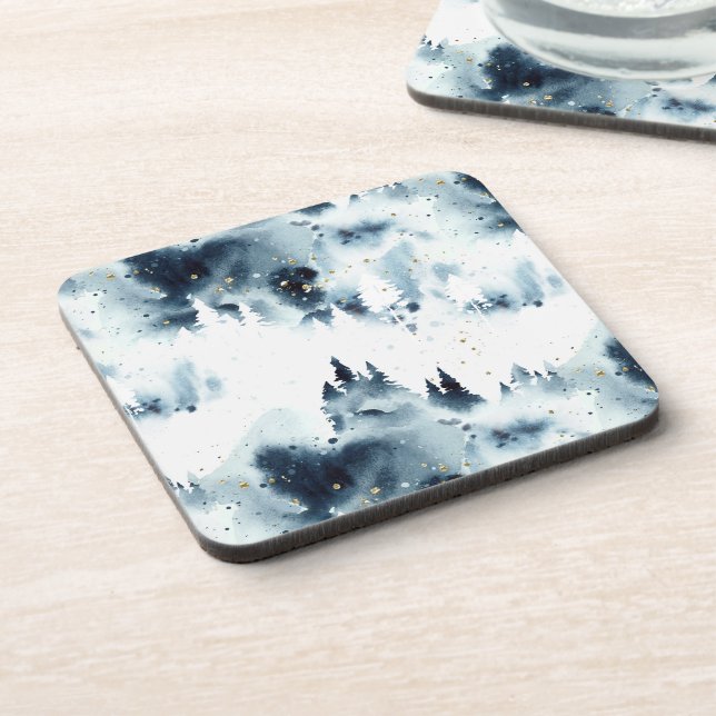 Midnight Blue Forest Watercolor Pattern Coaster (Left Side)