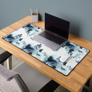 Midnight Blue Forest Watercolor Pattern Desk Mat