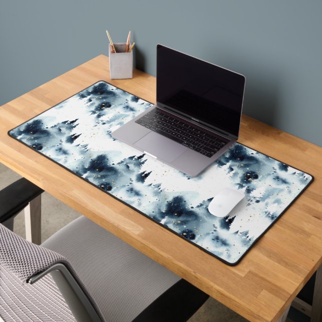 Midnight Blue Forest Watercolor Pattern Desk Mat (Office 2)