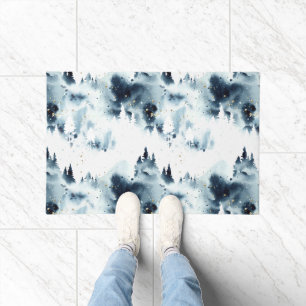 Midnight Blue Forest Watercolor Pattern Doormat