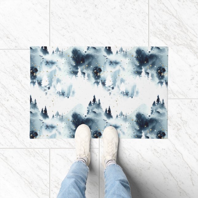 Midnight Blue Forest Watercolor Pattern Doormat (Indoor)