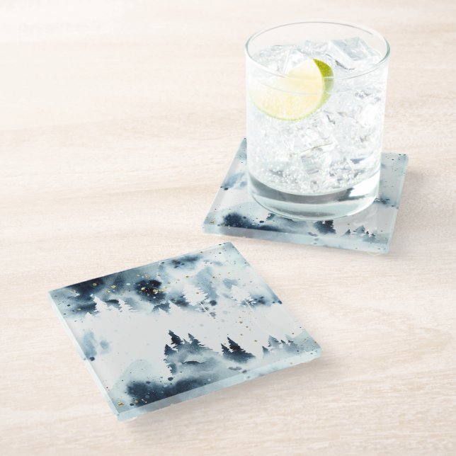 Midnight Blue Forest Watercolor Pattern Glass Coaster (Angled)