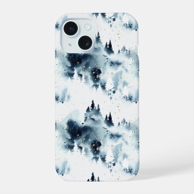Midnight Blue Forest Watercolor Pattern iPhone 15 Case (Back)