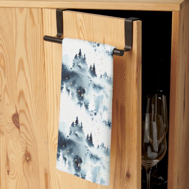 Midnight Blue Forest Watercolor Pattern Kitchen Towel (Thirds Fold)