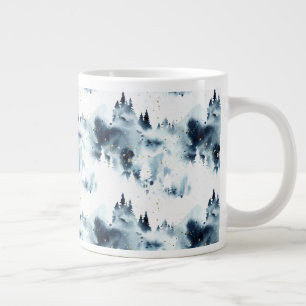 Midnight Blue Forest Watercolor Pattern Large Coffee Mug