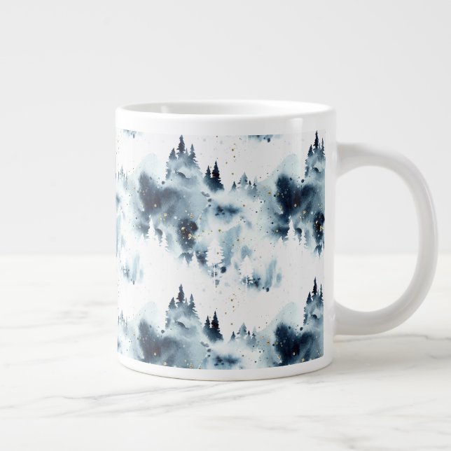 Midnight Blue Forest Watercolor Pattern Large Coffee Mug (Right)