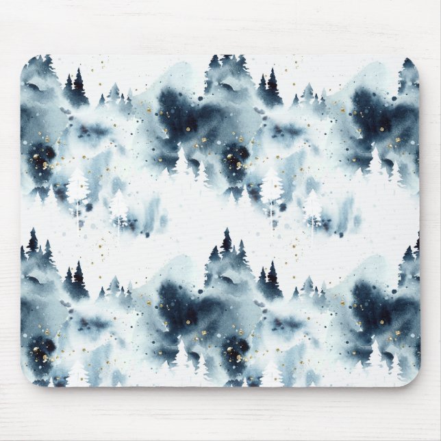Midnight Blue Forest Watercolor Pattern Mouse Pad (Front)