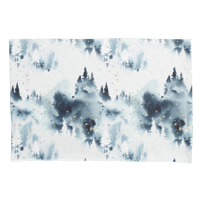 Midnight Blue Forest Watercolor Pattern Pillowcase (Front-Left)