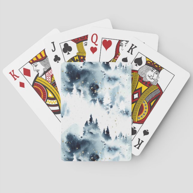 Midnight Blue Forest Watercolor Pattern Playing Cards (Back)