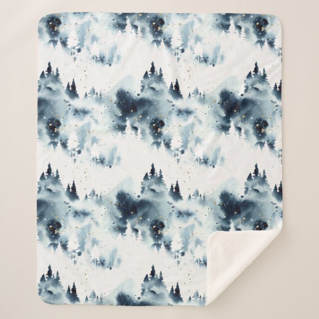 Midnight Blue Forest Watercolor Pattern Sherpa Blanket (Front)