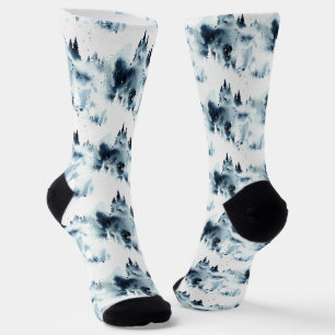 Midnight Blue Forest Watercolor Pattern Socks