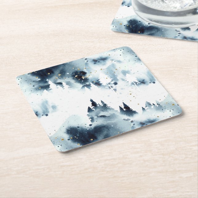Midnight Blue Forest Watercolor Pattern Square Paper Coaster (Angled)