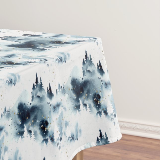 Midnight Blue Forest Watercolor Pattern Tablecloth (In Situ)