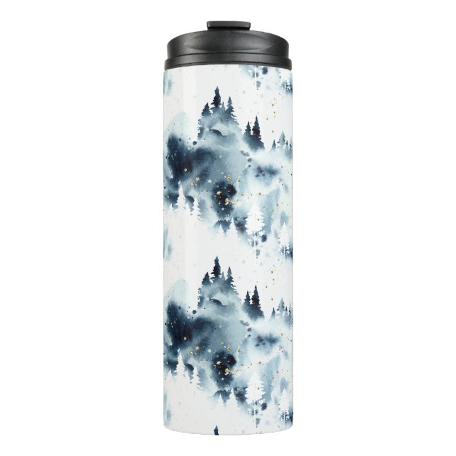 Midnight Blue Forest Watercolor Pattern Thermal Tumbler (Front)