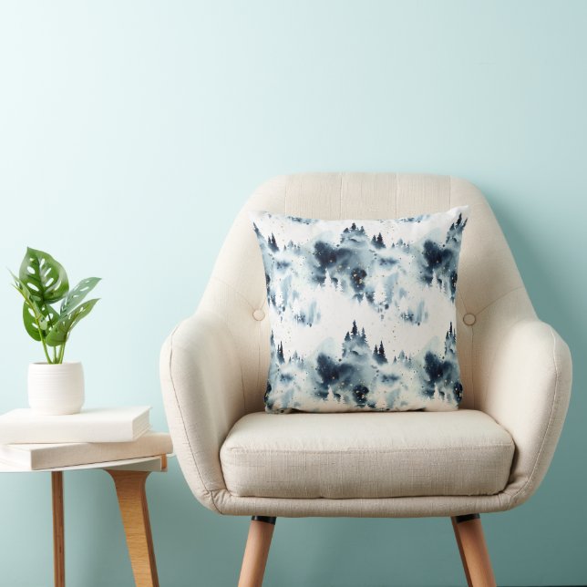 Midnight Blue Forest Watercolor Pattern Throw Pillow (Chair)