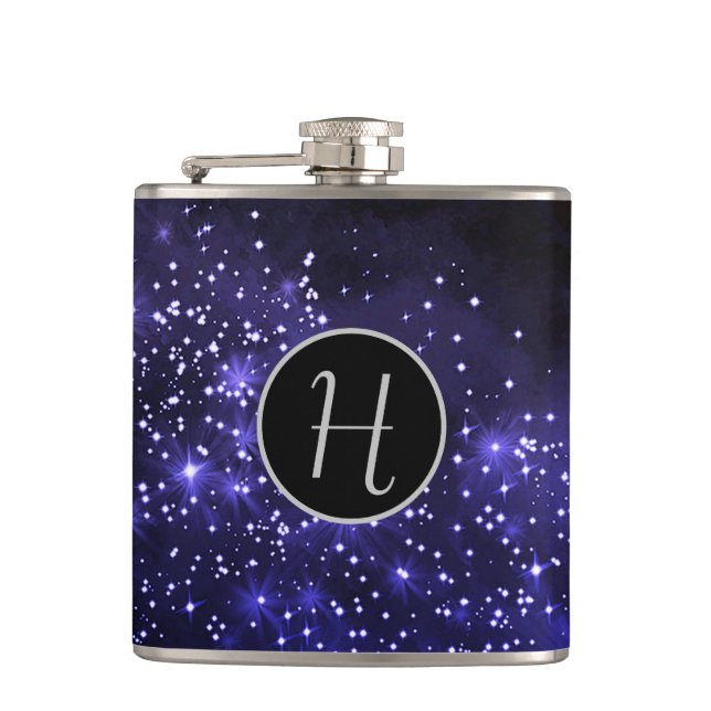 Midnight Blue Galaxy Monogrammed Hip Flask (Front)