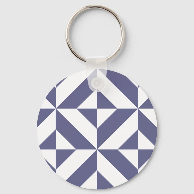 Midnight Blue Geometric Deco Cube Pattern Keychain (Front)