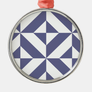 Midnight Blue Geometric Deco Cube Pattern Metal Ornament