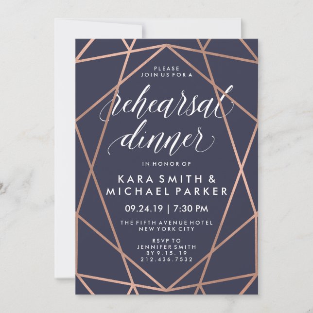 Midnight Blue Geometric Wedding Rehearsal Dinner Invitation (Front)