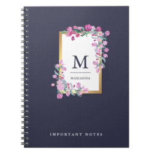 Midnight Blue, Gold and Pink Watercolor Flowers Notebook