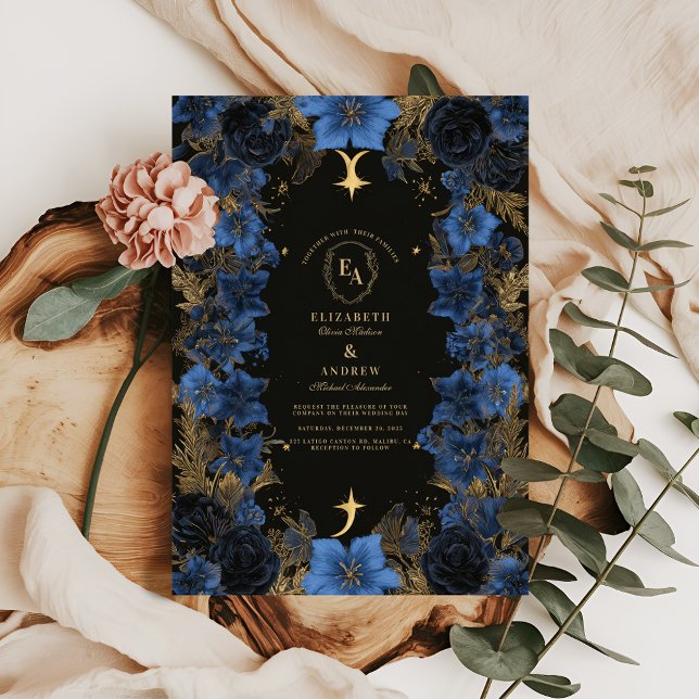 Midnight Blue & Gold Celestial Wedding Invitation (Creator Uploaded)