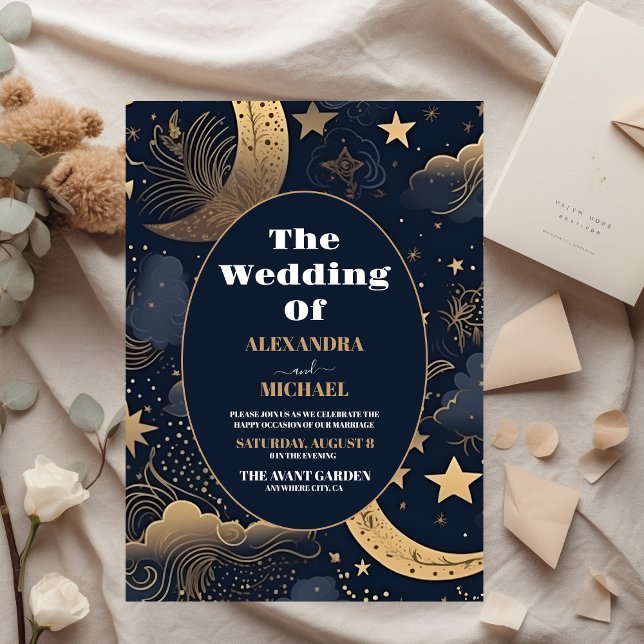Midnight Blue Gold Celestial Wedding Invitation (Creator Uploaded)