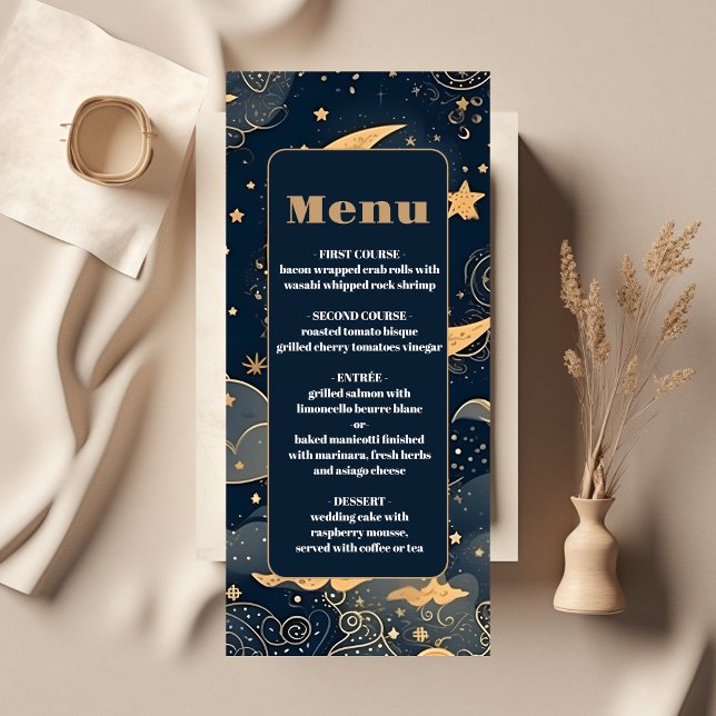 Midnight Blue Gold Celestial Wedding Menu (Creator Uploaded)