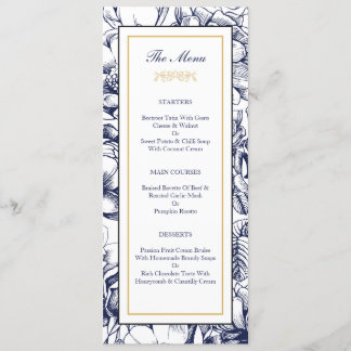 Midnight Blue & Gold Floral Wedding Menu Card