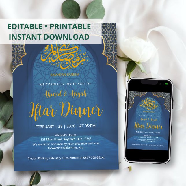 Midnight Blue & Gold Islamic Arch Iftar Invitation (Creator Uploaded)