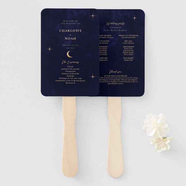 Midnight Blue Gold Moon Stars Wedding Program Hand Fan (Front and Back)
