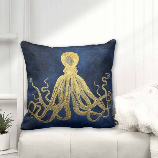 Midnight Blue Gold Octopus Coastal Retro Nautical Throw Pillow (Creator Uploaded)