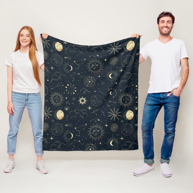 Midnight Blue Gold Star Constellation Pattern Fleece Blanket (In Situ)