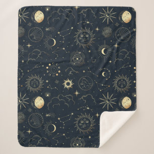 Midnight Blue Gold Star Constellation Pattern Sherpa Blanket