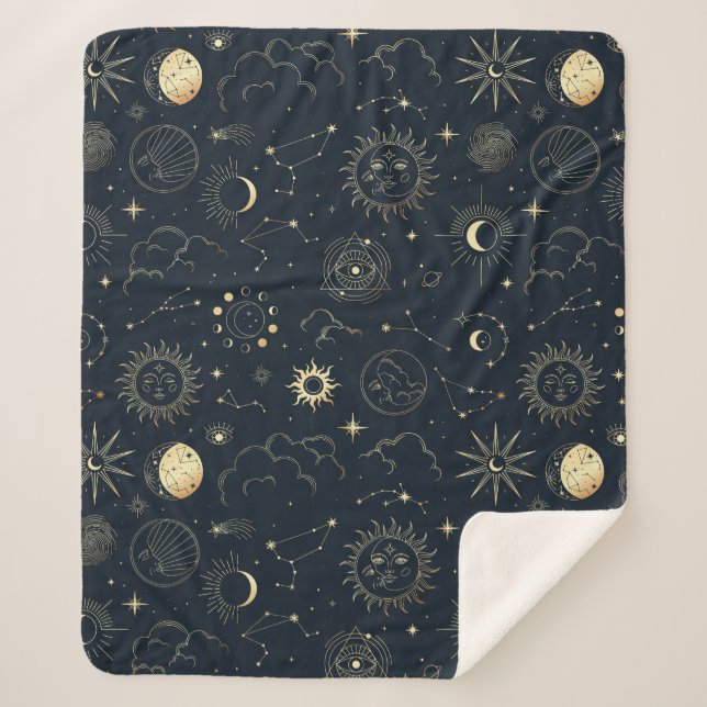 Midnight Blue Gold Star Constellation Pattern Sherpa Blanket (Front)